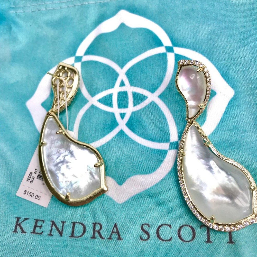 New 14K Gold Mother-of-Pearl CZ Teddi XL Earrings - Picture 4 of 9
